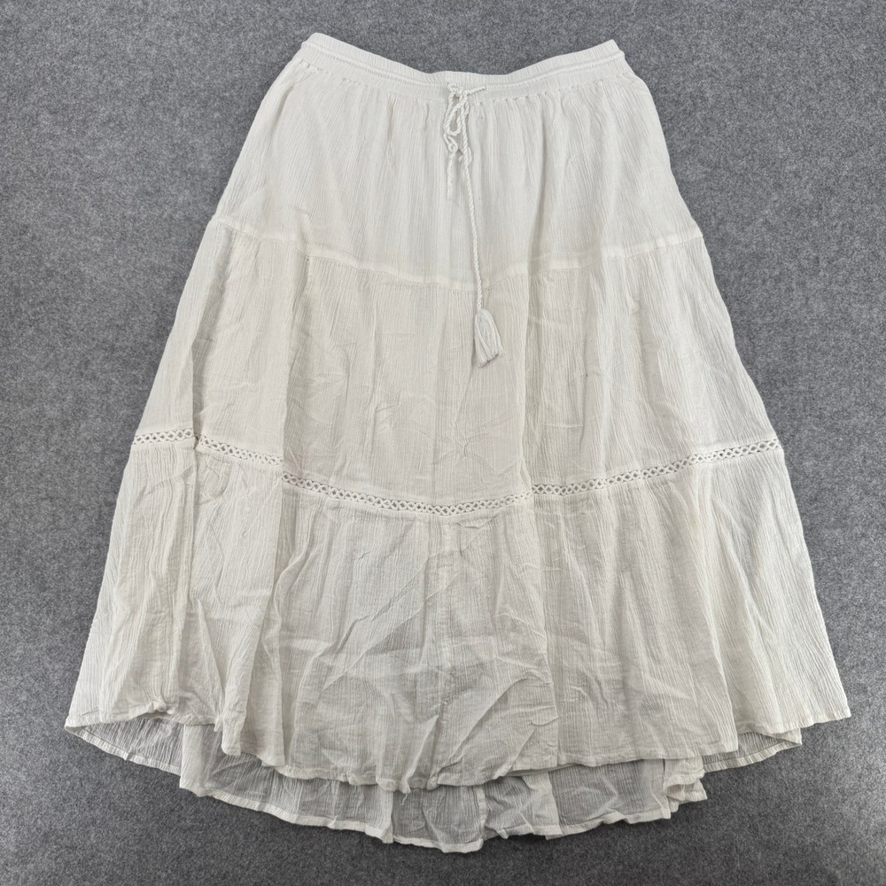 Laura Scott Skirt Womens M Maxi Tiered White Gauze Crochet Lace Boho EUC